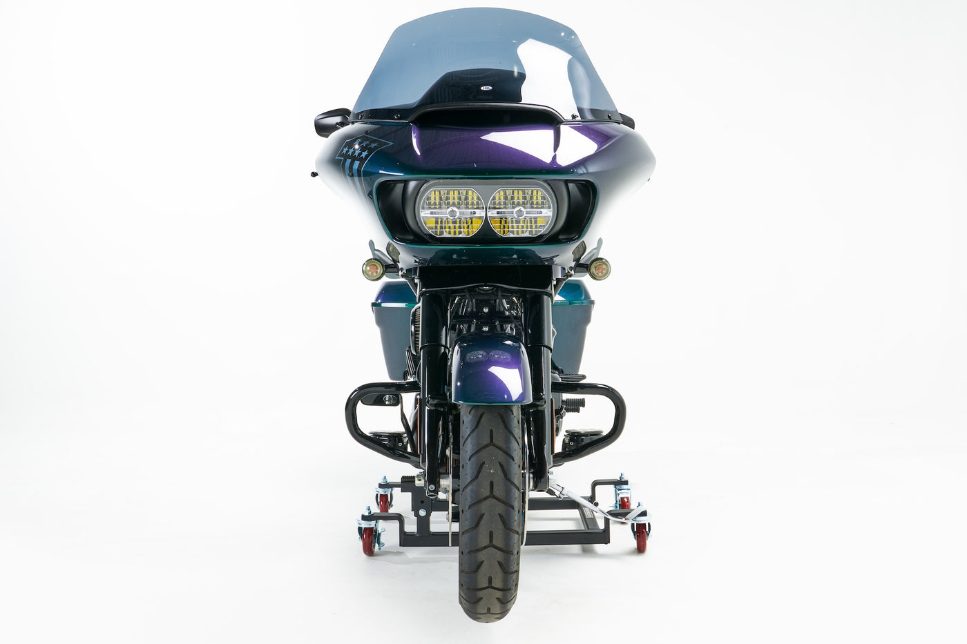 Motorcycle parked upright on a Let's Roll Cruiser Dolly
